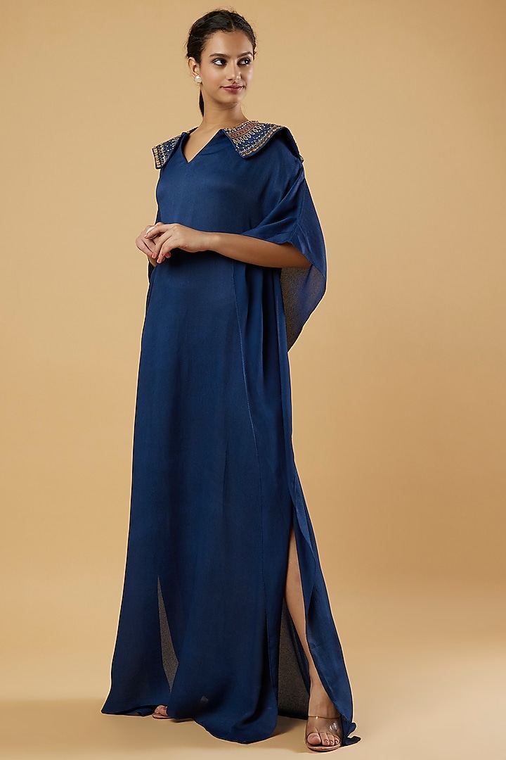 Midnight Blue Embroidered Kaftan by Kaprapan By Anaita Shah at Pernia's Pop Up Shop