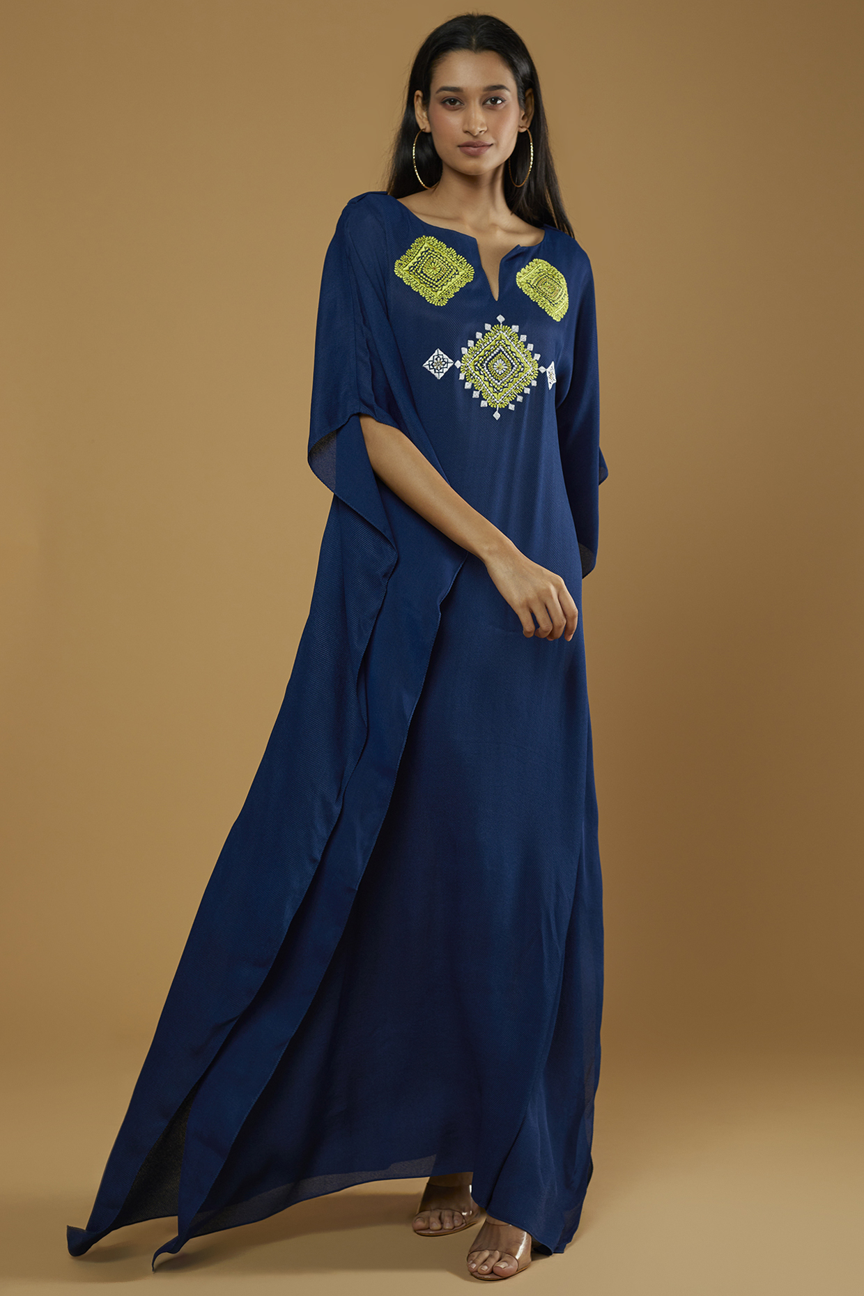 Navy Embroidered Slit Kaftan by Kaprapan