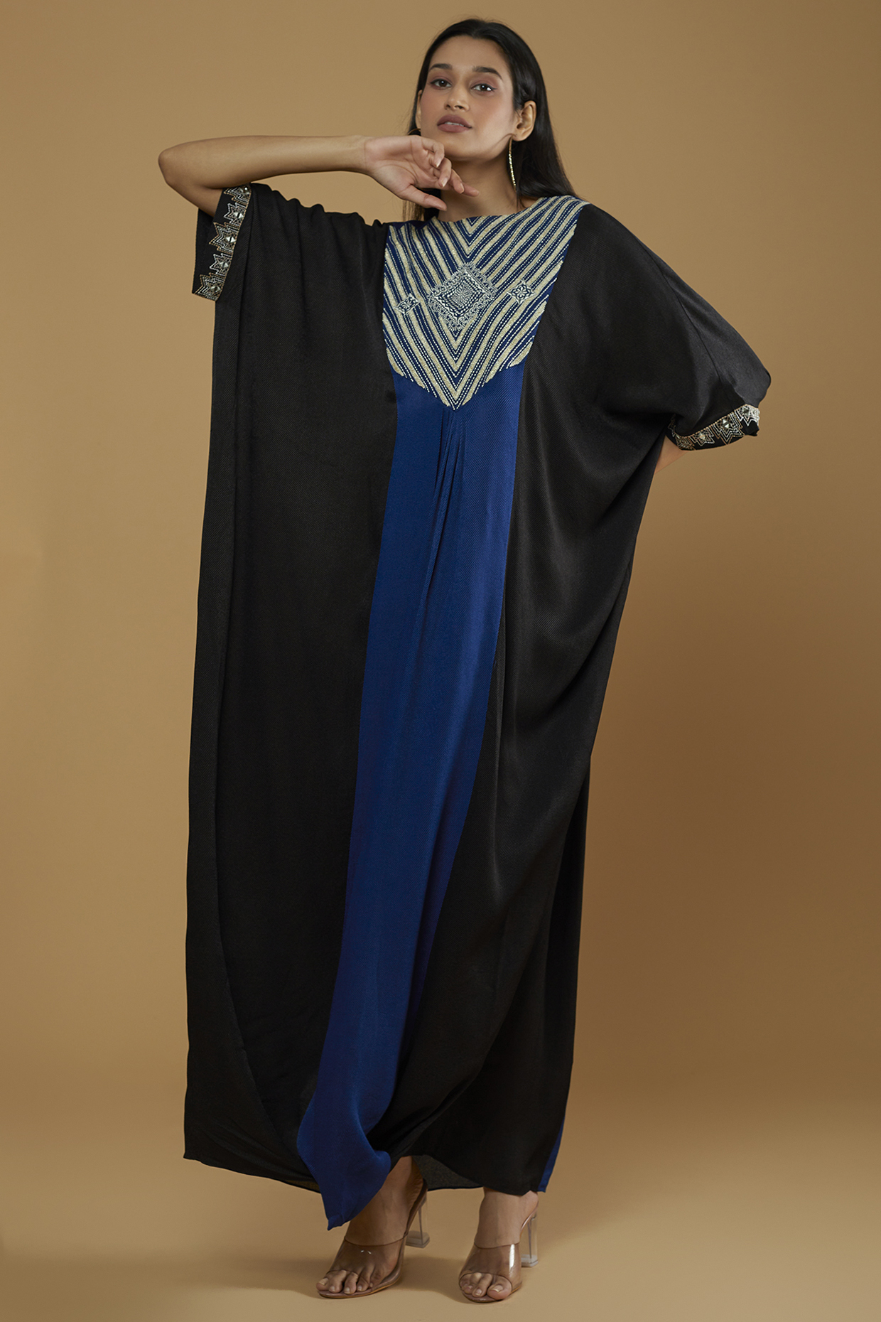 Black Embroidered & Color Blocked Kaftan by Kaprapan
