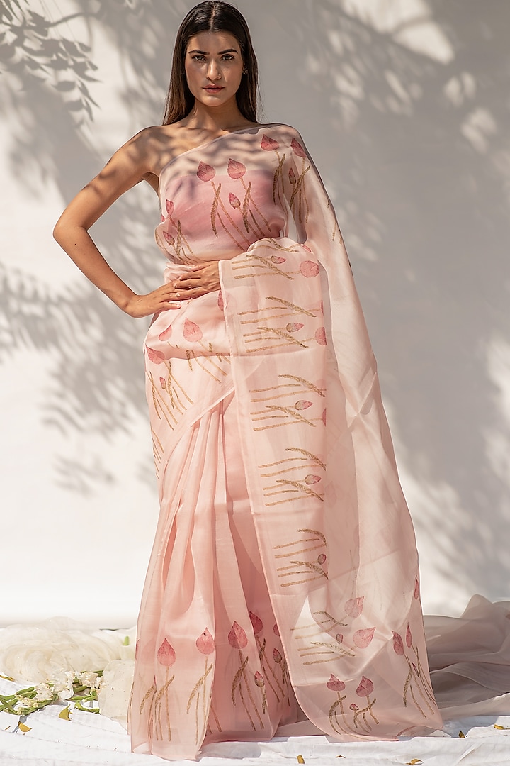 Rose Pink Hand Block Printed Festive Saree by KAPARDARA  at Pernia's Pop Up Shop