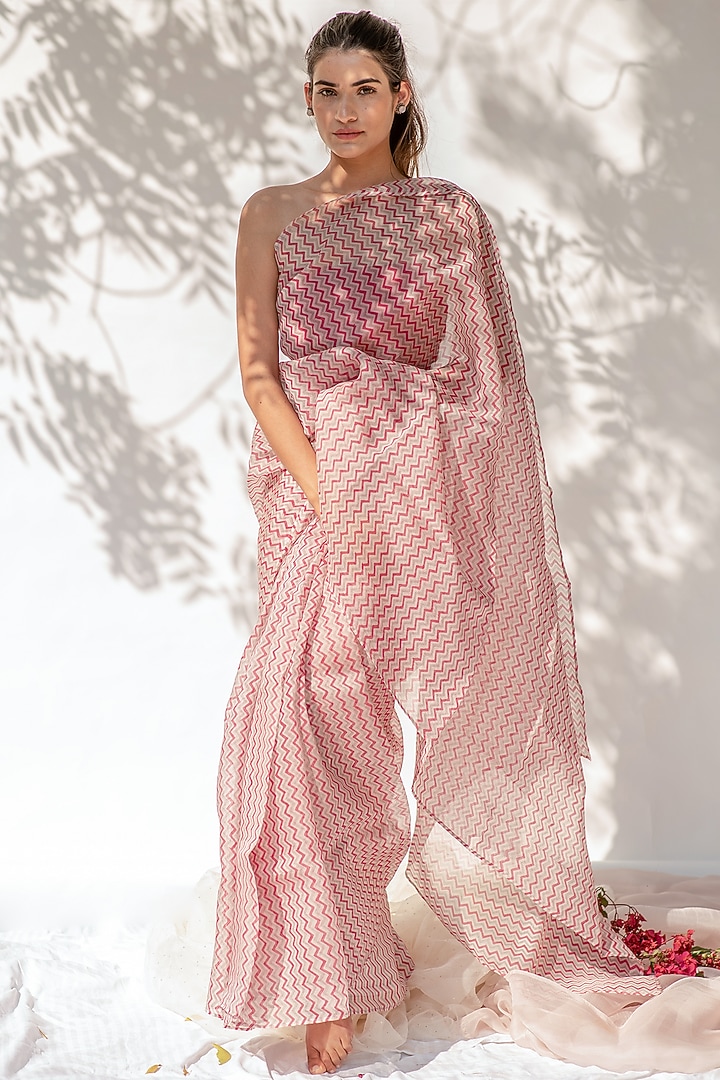Rose Water Pink Block Printed Festive Saree by KAPARDARA at Pernia's Pop Up Shop
