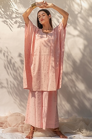 Pale Powder Pink Mukaish Work Pant Set by KAPARDARA 