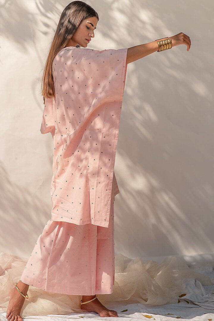 Pale Powder Pink Mukaish Work Pant Set by KAPARDARA at Pernia's Pop Up Shop