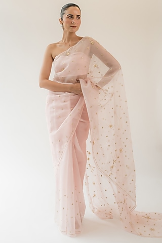 Pink Pure Silk Organza Zardosi Embroidered Saree by KAPARDARA