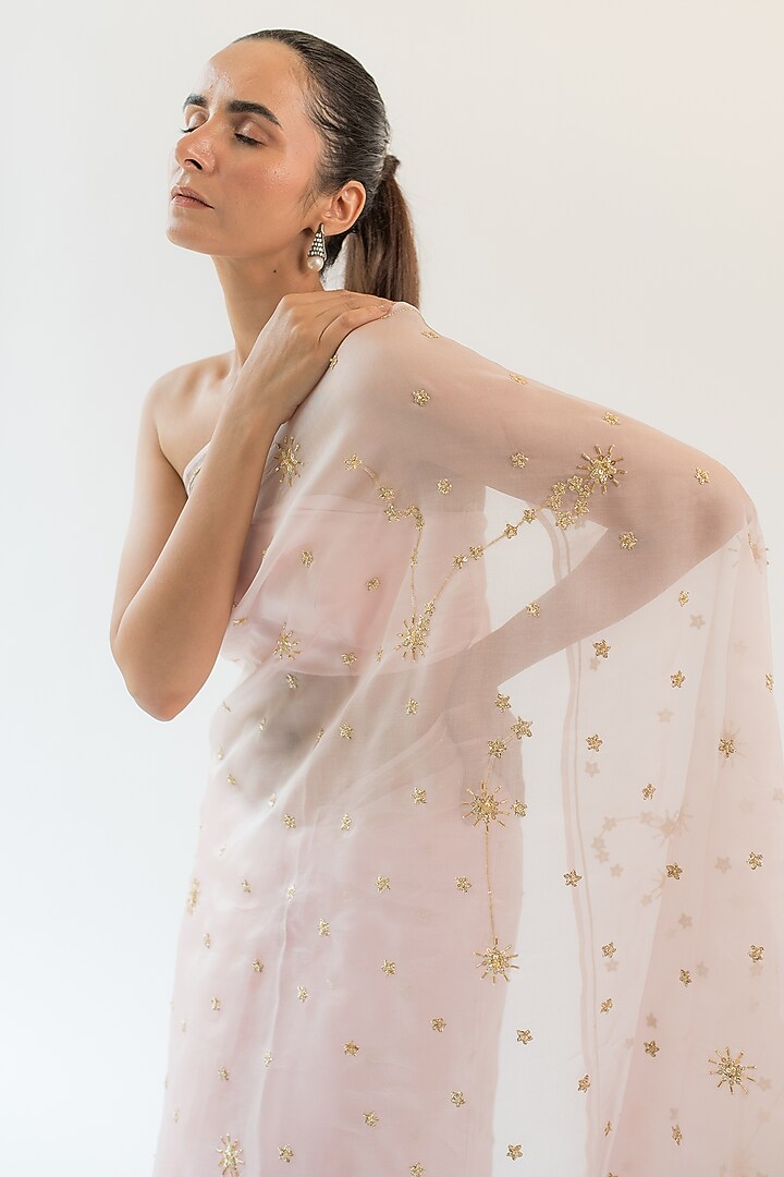 Pink Pure Silk Organza Zardosi Embroidered Wedding Saree by KAPARDARA at Pernia's Pop Up Shop