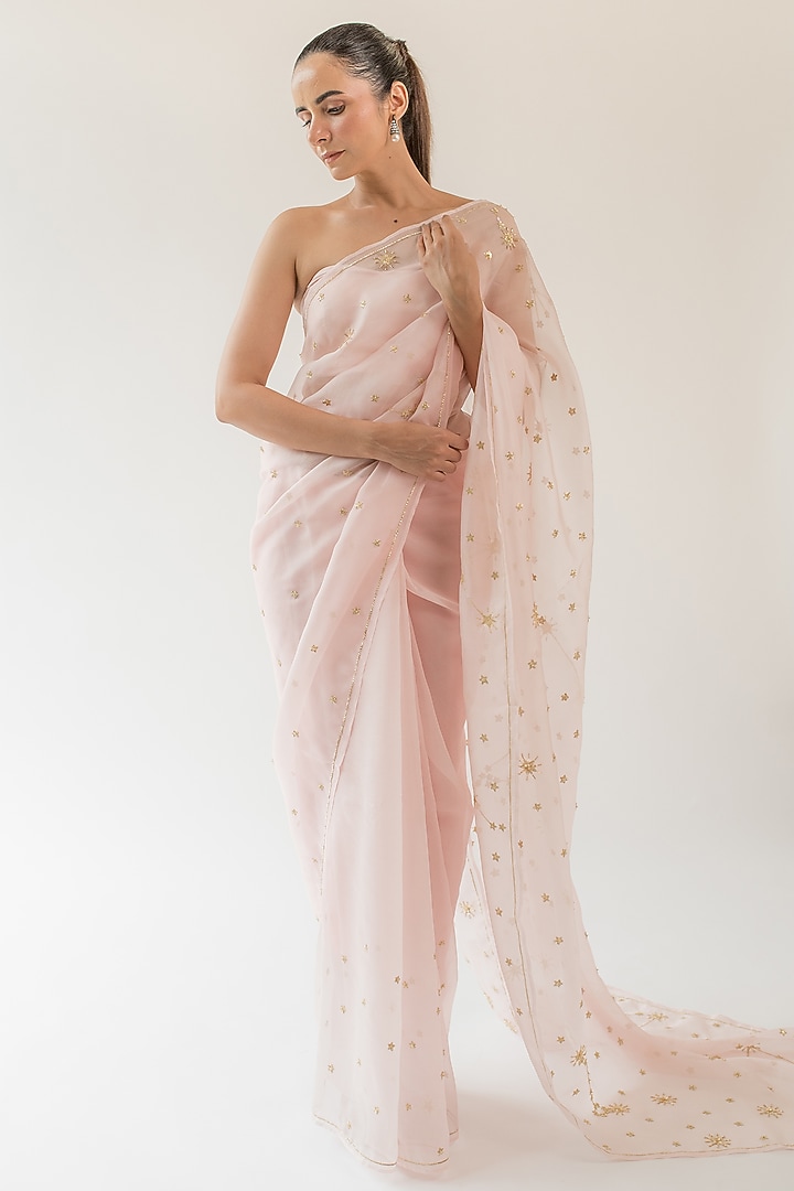 Pink Pure Silk Organza Zardosi Embroidered Wedding Saree by KAPARDARA at Pernia's Pop Up Shop