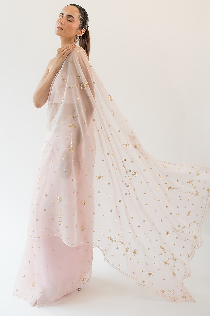Pink Pure Silk Organza Zardosi Embroidered Wedding Saree by KAPARDARA at Pernia's Pop Up Shop