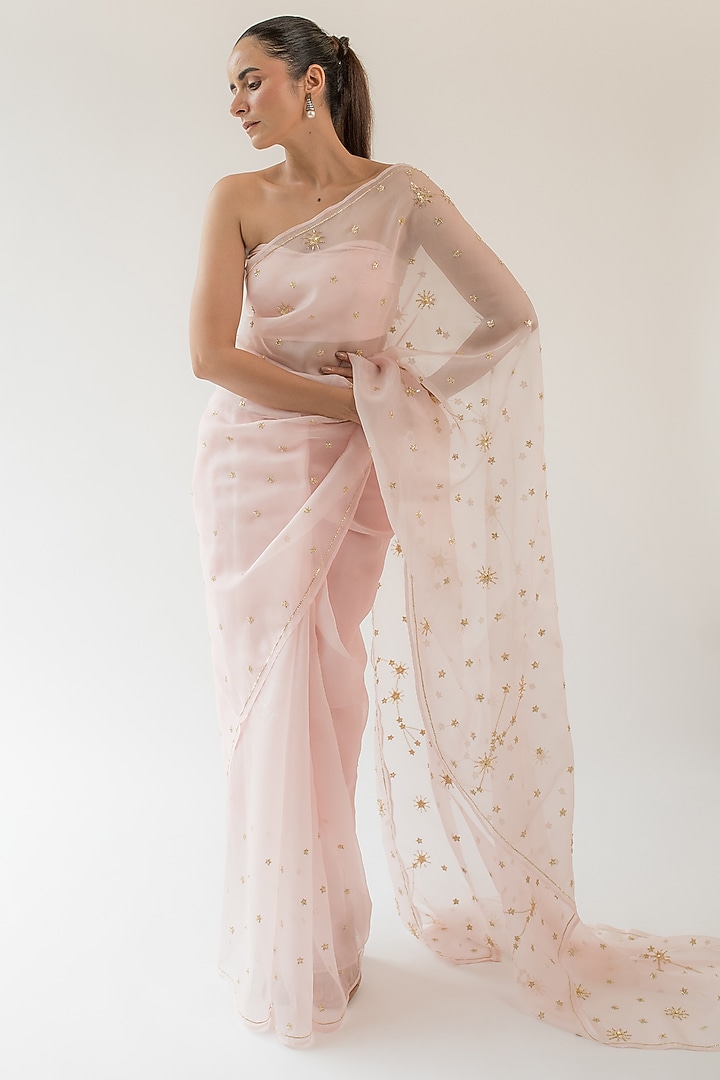 Pink Pure Silk Organza Zardosi Embroidered Wedding Saree by KAPARDARA at Pernia's Pop Up Shop