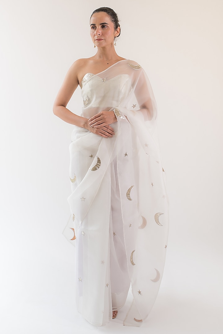 Pearl White Pure Silk Organza Zari Motifs Embroidered Saree by KAPARDARA