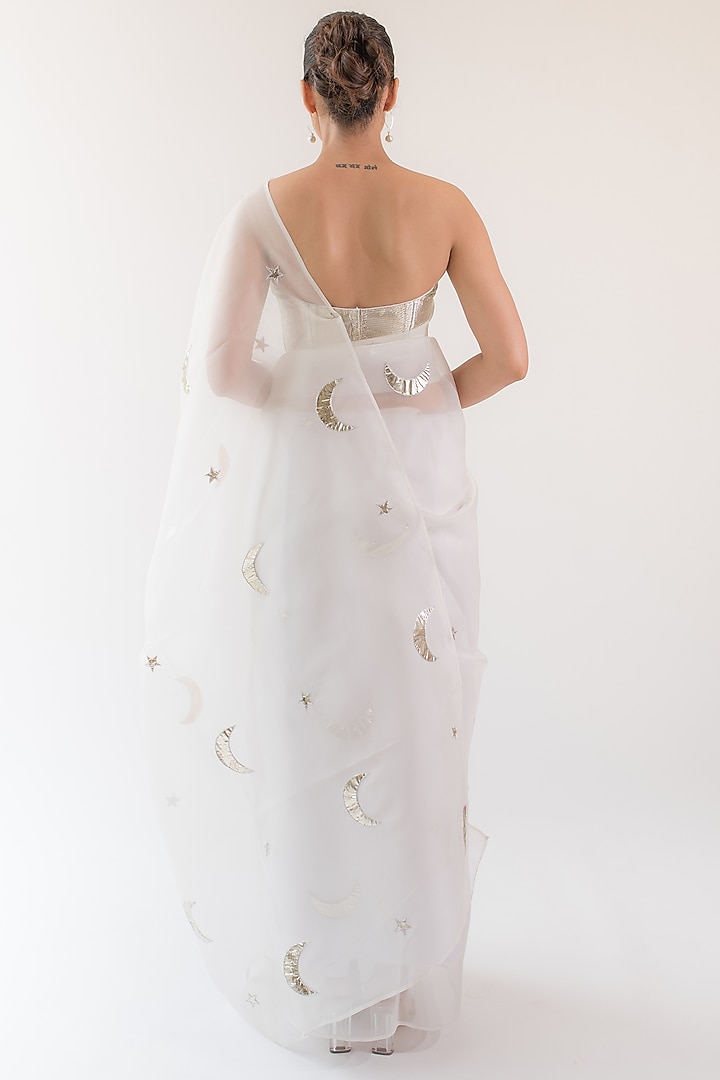 Pearl White Pure Silk Organza Zari Motifs Embroidered Party Wear Saree by KAPARDARA at Pernia's Pop Up Shop