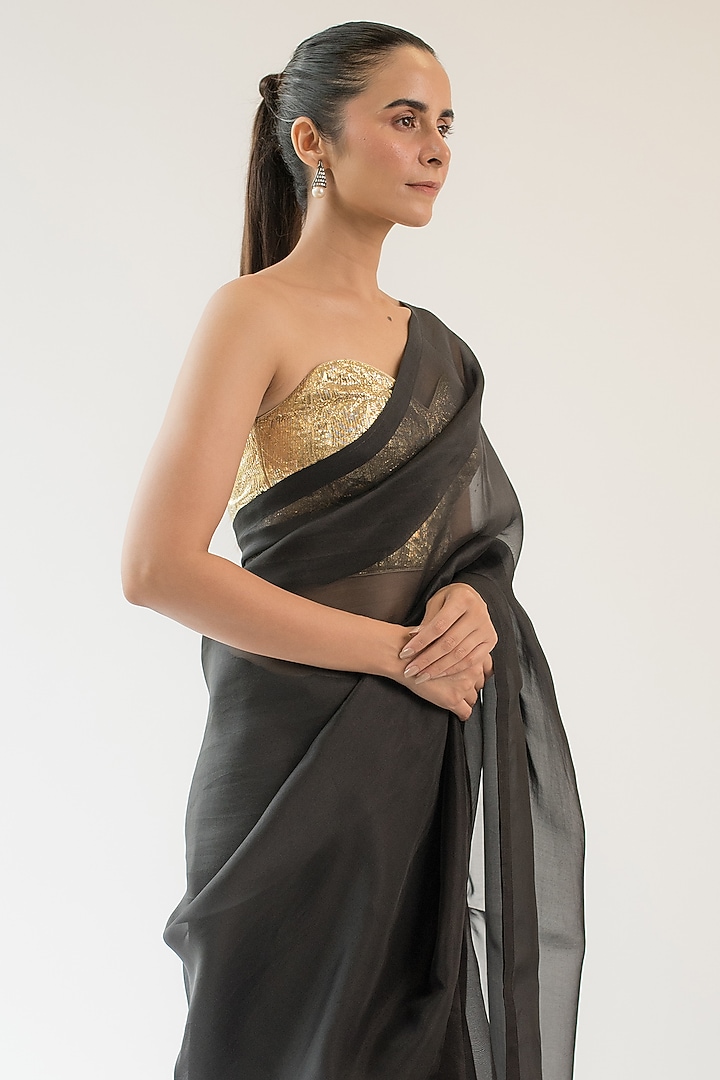 Black Pure Silk Organza Party Wear Saree by KAPARDARA at Pernia's Pop Up Shop