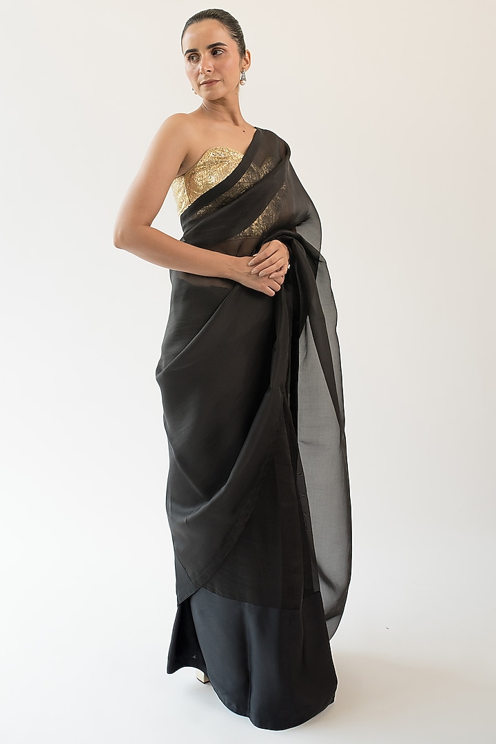 Black Pure Silk Organza Party Wear Saree by KAPARDARA at Pernia's Pop Up Shop