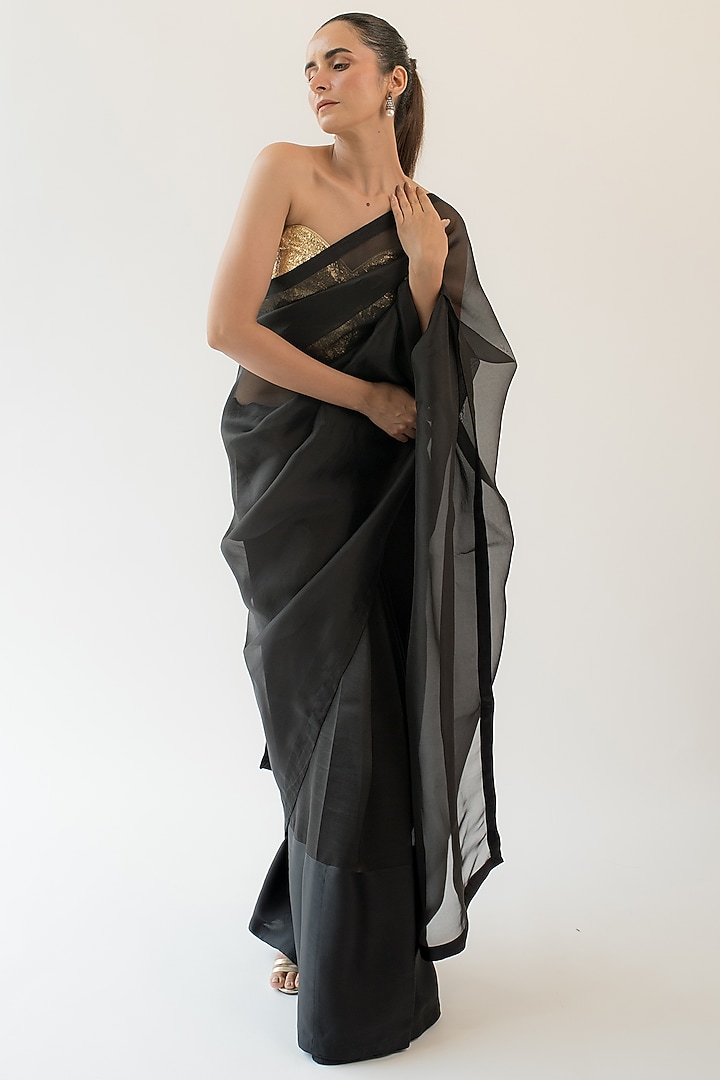 Black Pure Silk Organza Party Wear Saree by KAPARDARA at Pernia's Pop Up Shop