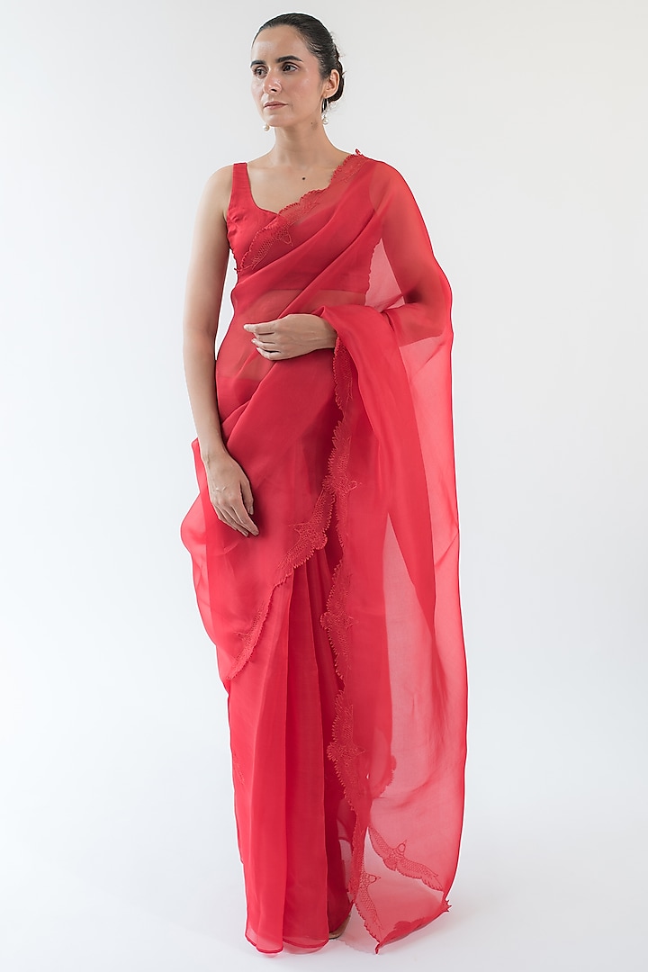 Ruby Red Pure Silk Organza Hand Embroidered Saree by KAPARDARA