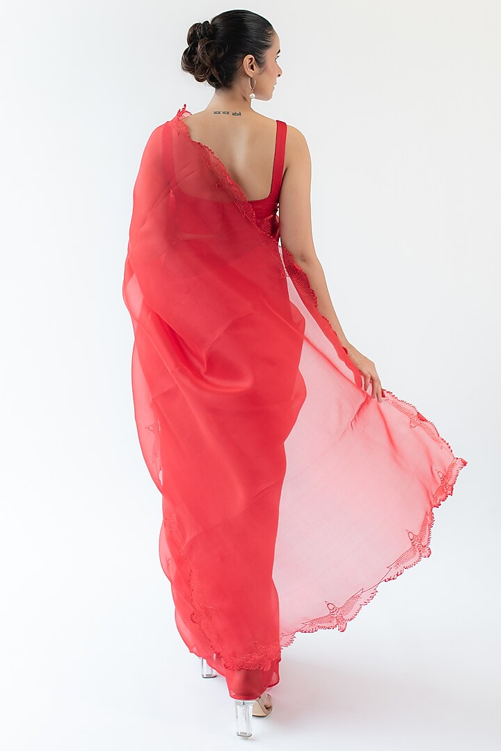 Ruby Red Pure Silk Organza Hand Embroidered Party Wear Saree by KAPARDARA at Pernia's Pop Up Shop