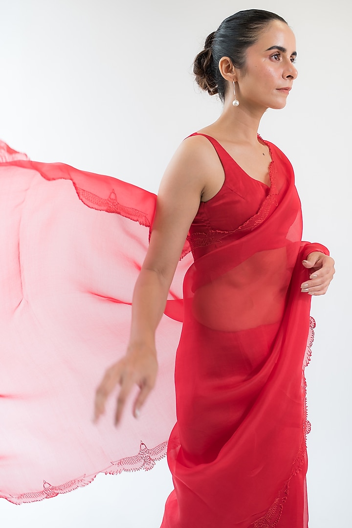 Ruby Red Pure Silk Organza Hand Embroidered Party Wear Saree by KAPARDARA at Pernia's Pop Up Shop
