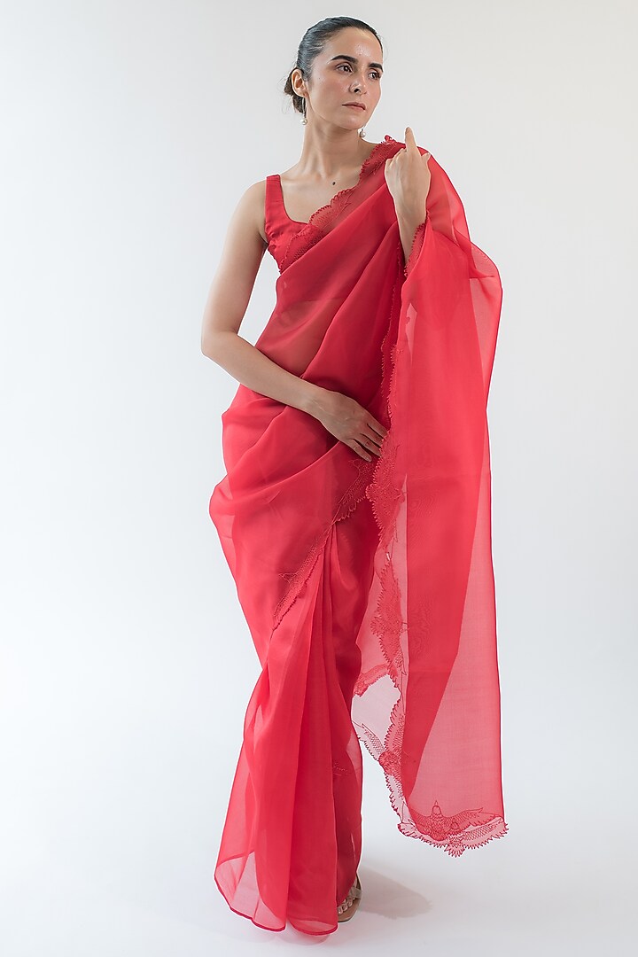 Ruby Red Pure Silk Organza Hand Embroidered Party Wear Saree by KAPARDARA at Pernia's Pop Up Shop