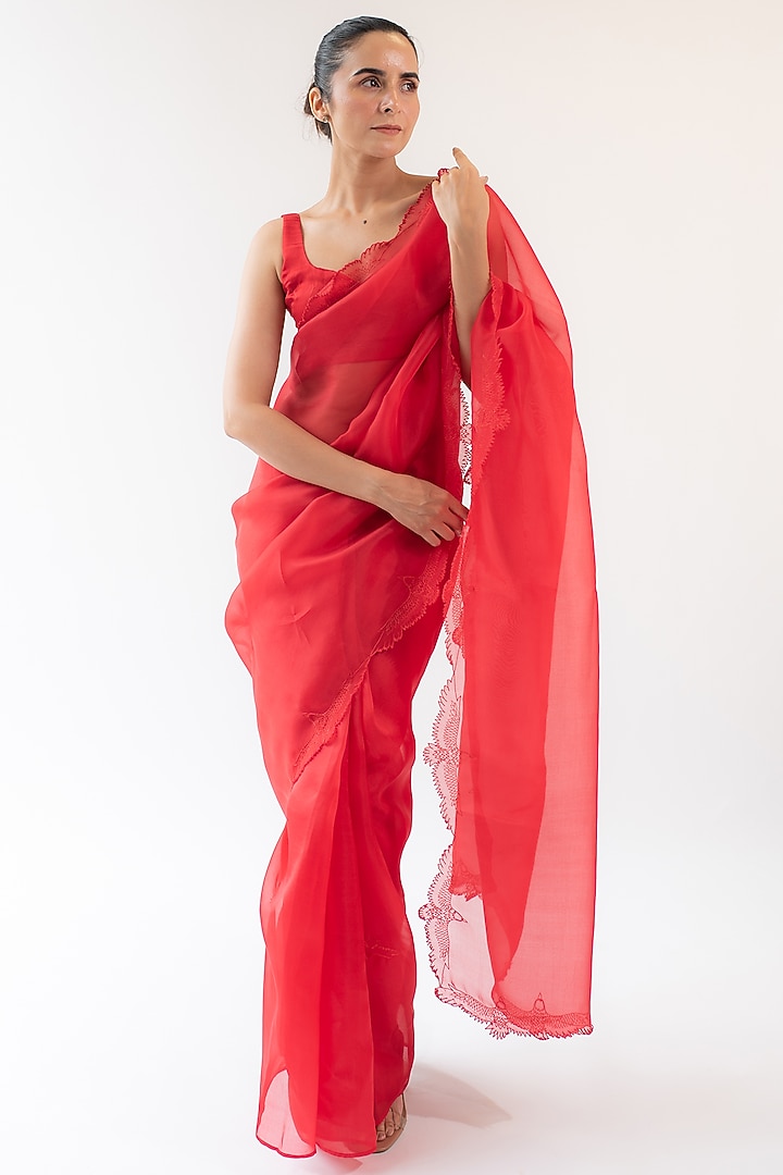 Ruby Red Pure Silk Organza Hand Embroidered Party Wear Saree by KAPARDARA at Pernia's Pop Up Shop
