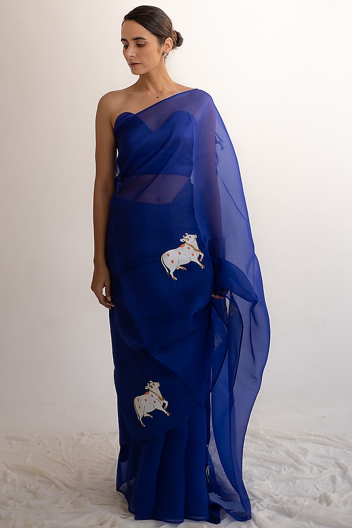 Royal Blue Pure Silk Organza Handpainted Saree by KAPARDARA