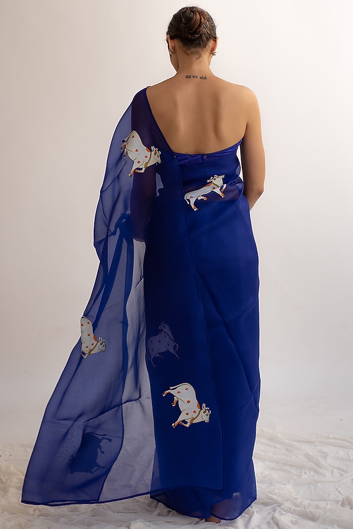 Royal Blue Pure Silk Organza Handpainted Party Wear Saree by KAPARDARA at Pernia's Pop Up Shop