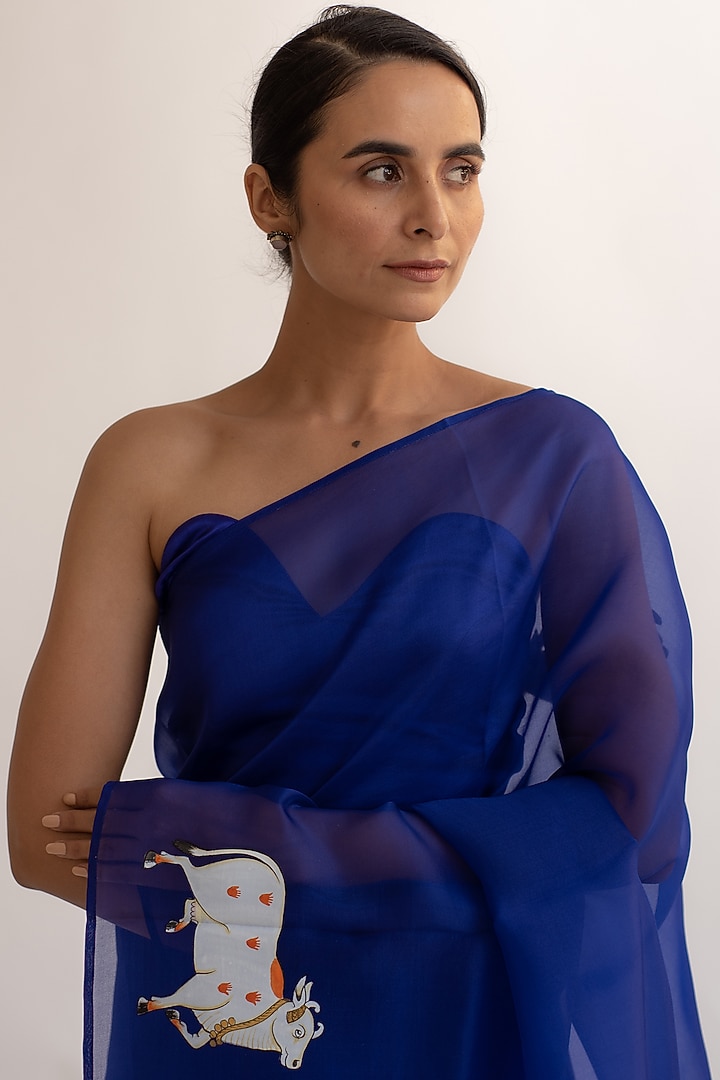 Royal Blue Pure Silk Organza Handpainted Party Wear Saree by KAPARDARA at Pernia's Pop Up Shop