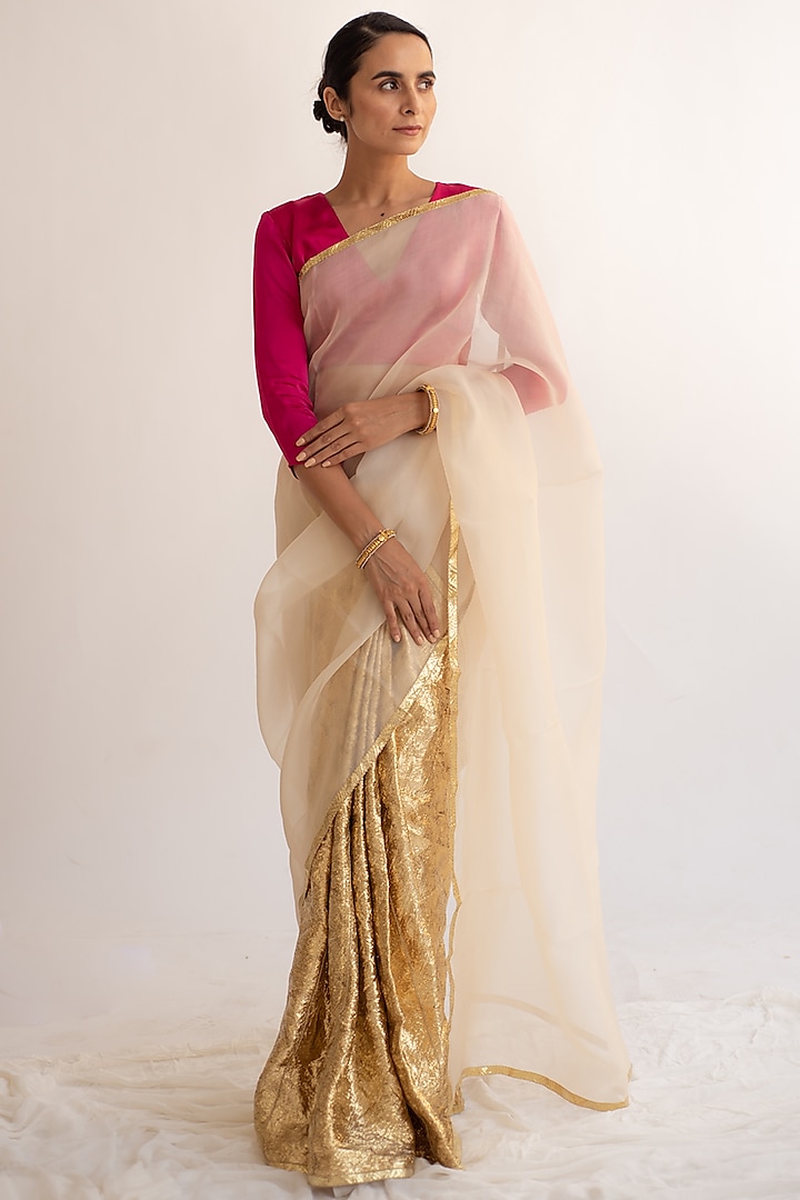 Cream Pure Silk Organza Handcrafted Saree by KAPARDARA at Pernia's Pop Up Shop