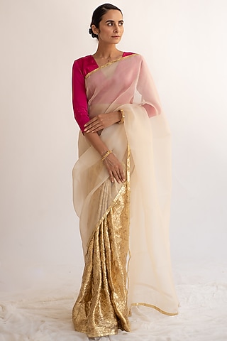 Cream Pure Silk Organza Handcrafted Saree by KAPARDARA
