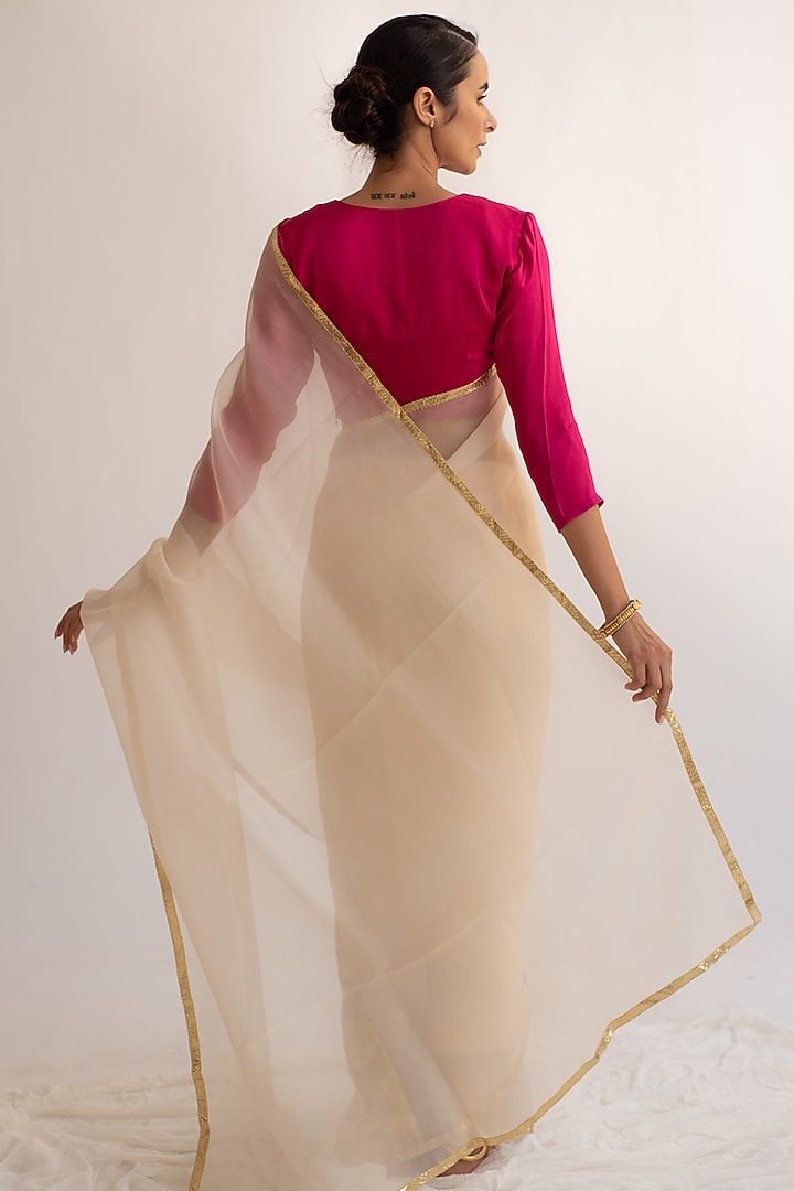 Cream Pure Silk Organza Handcrafted Party Wear Saree by KAPARDARA at Pernia's Pop Up Shop