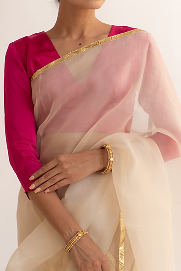 Cream Pure Silk Organza Handcrafted Party Wear Saree by KAPARDARA at Pernia's Pop Up Shop