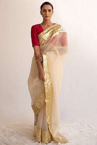 Cream Pure Silk Organza Applique Saree by KAPARDARA