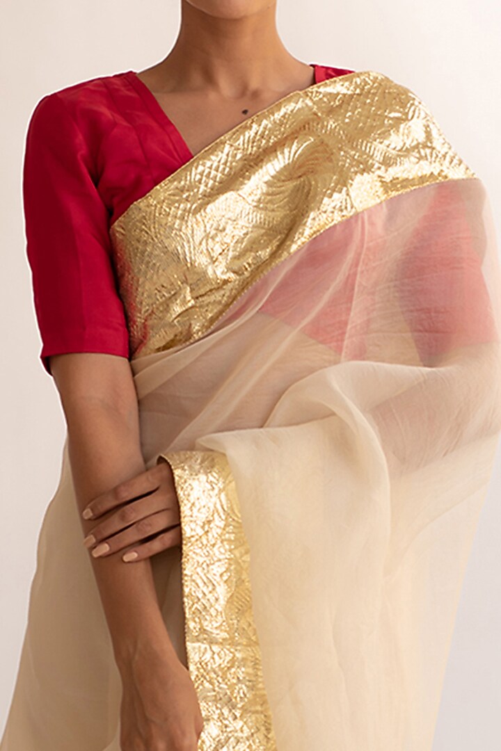 Cream Pure Silk Organza Applique Party Wear Saree by KAPARDARA at Pernia's Pop Up Shop