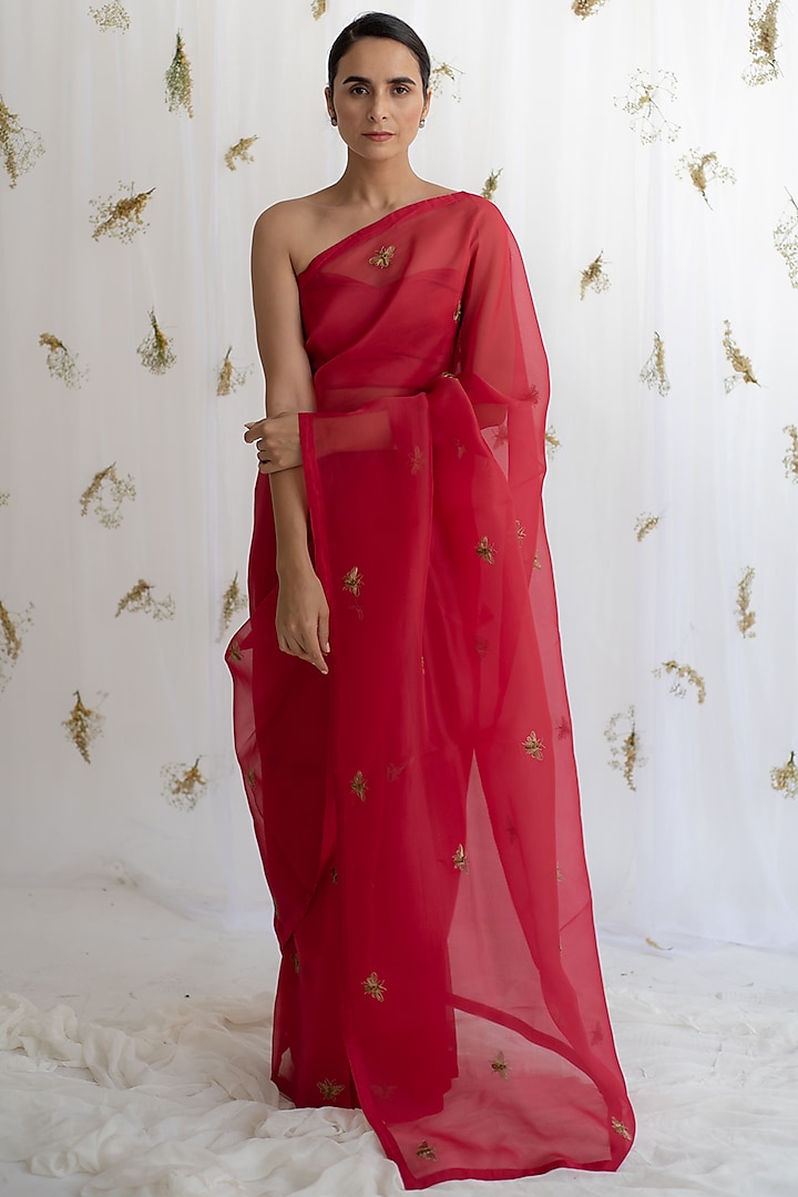 Red Pure Silk Organza Zardosi & Aari Embroidered Handcrafted Saree by KAPARDARA