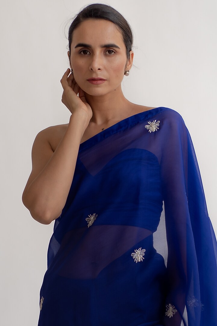 Royal Blue Zardosi Embroidered Party Wear Saree by KAPARDARA at Pernia's Pop Up Shop