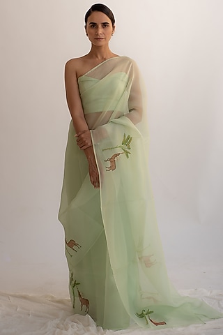 Sage Green Pure Silk Organza Handpainted Saree by KAPARDARA