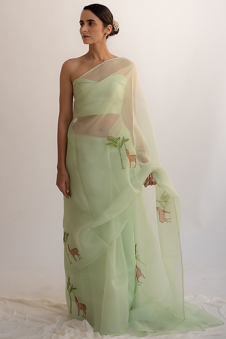 Sage Green Pure Silk Organza Handpainted Party Wear Saree by KAPARDARA at Pernia's Pop Up Shop