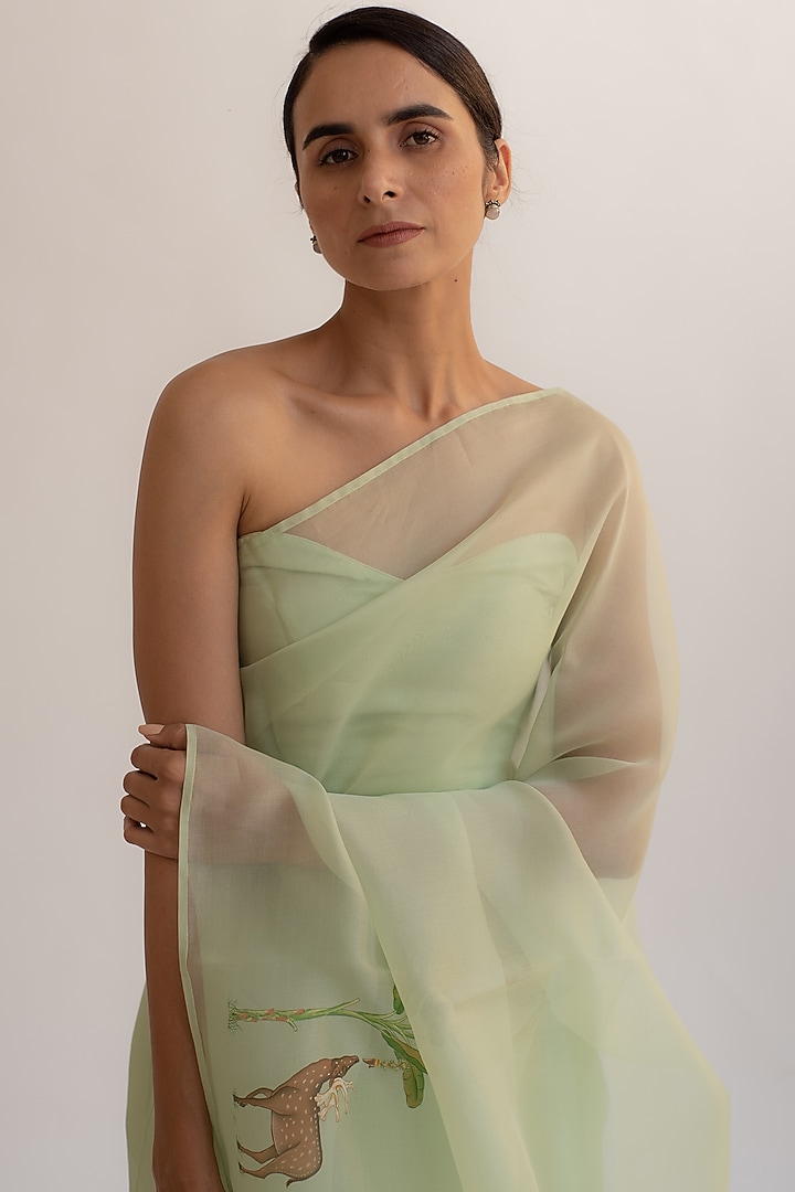 Sage Green Pure Silk Organza Handpainted Party Wear Saree by KAPARDARA at Pernia's Pop Up Shop