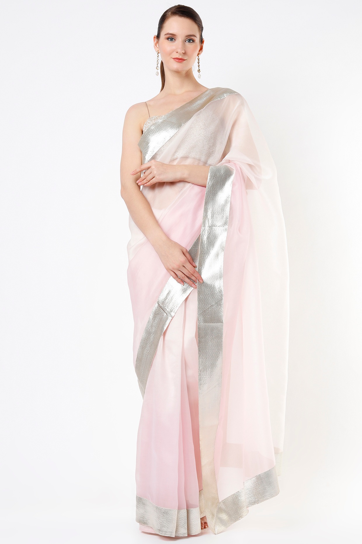 Shop Online Blush Pink Georgette Chiffon Sari with Silver Zari Border –  Pure Elegance