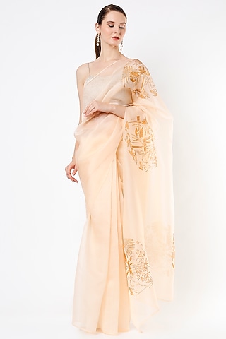 Golden Silk Organza Hand Painted Motif Saree by KAPARDARA 