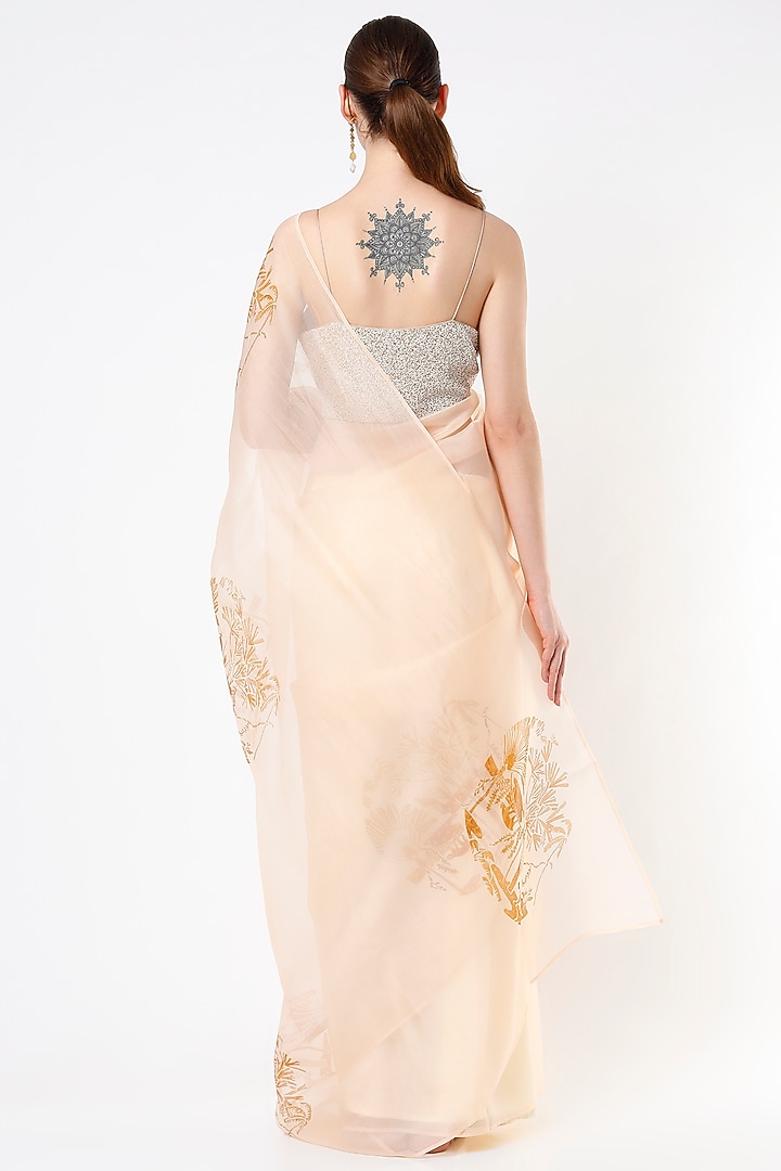 Golden Silk Organza Hand Painted Motif Party Wear Saree by KAPARDARA  at Pernia's Pop Up Shop