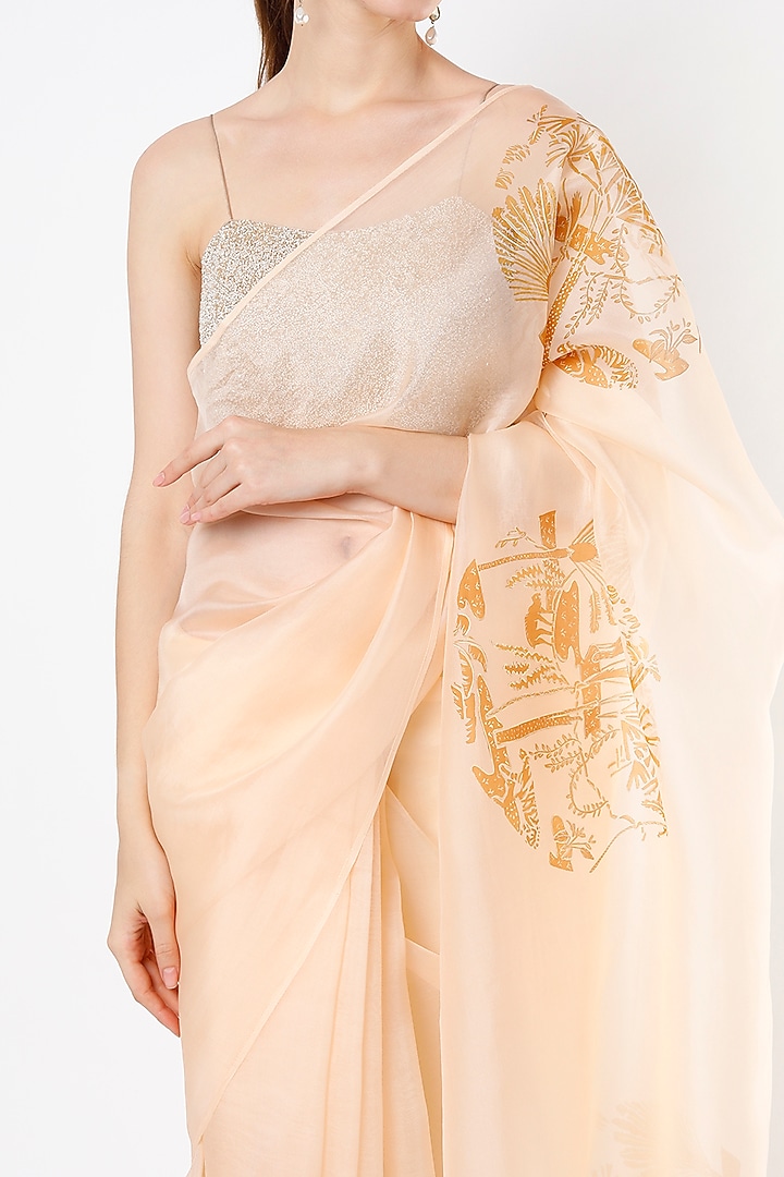 Golden Silk Organza Hand Painted Motif Party Wear Saree by KAPARDARA  at Pernia's Pop Up Shop