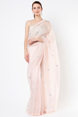 Rose Water Pink Embroidered Saree by KAPARDARA 
