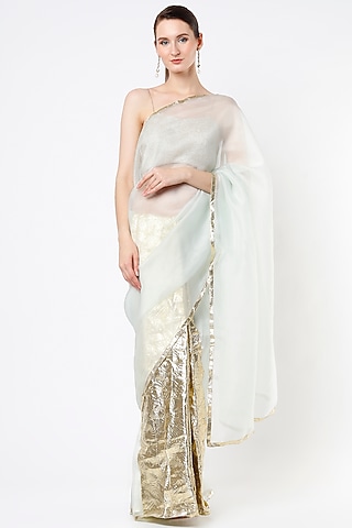 Light Teal Silk Organza Lampi Bordered Saree by KAPARDARA 