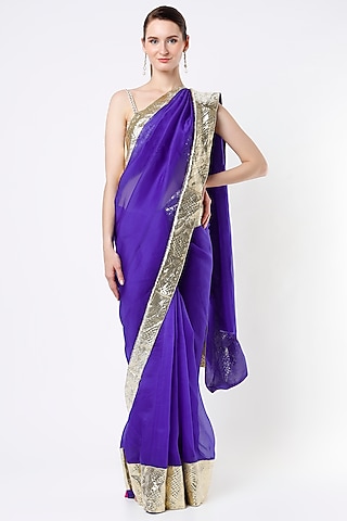 Electric Blue Silk Organza Saree by KAPARDARA 