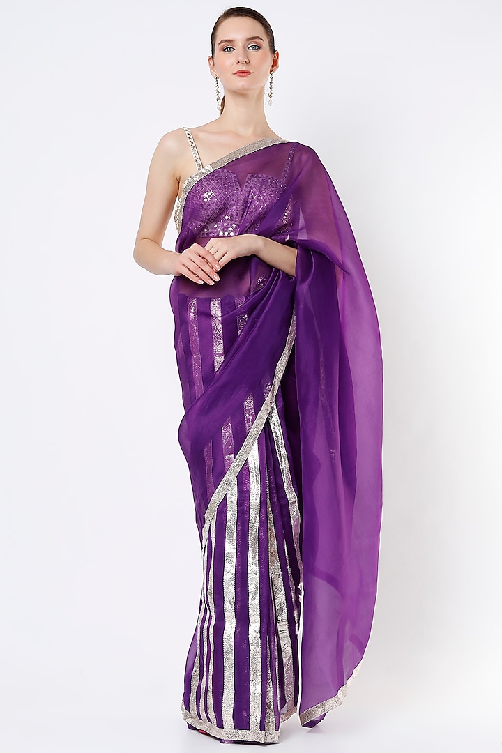 Dark Purple Silk Organza Saree by KAPARDARA 
