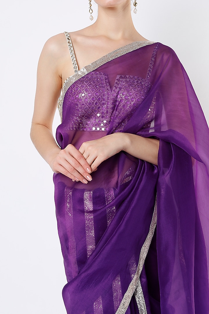 Dark Purple Silk Organza Party Wear Saree by KAPARDARA  at Pernia's Pop Up Shop