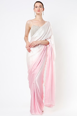 Pink Ombre Satin Silk Saree by KAPARDARA 
