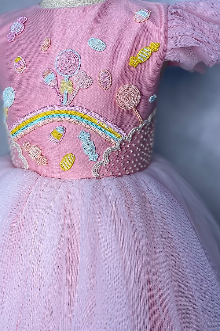 Pink Hand Embroidered Dress For Girls by Karasa baby at Pernia's Pop Up Shop