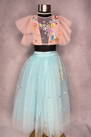 Aqua Hand Embroidered Lehenga Set For Girls by Karasa baby