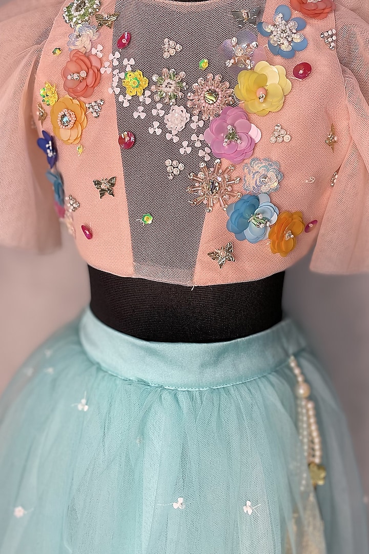 Aqua Hand Embroidered Lehenga Set For Girls by Karasa baby at Pernia's Pop Up Shop