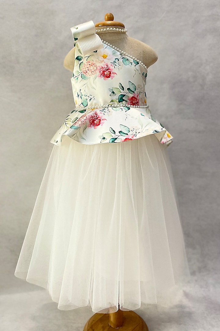 White Floral Printed Gown For Girls by Karasa baby